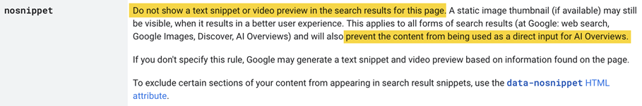 nosnippet code explanation screemshot, via Google's documentation