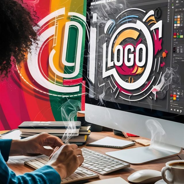 Rebel Logo designer working on a computer desktop